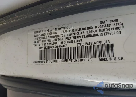 2000 Subaru Outback z USA, uszkodzony, nr VIN 4S3BH665XY6614067